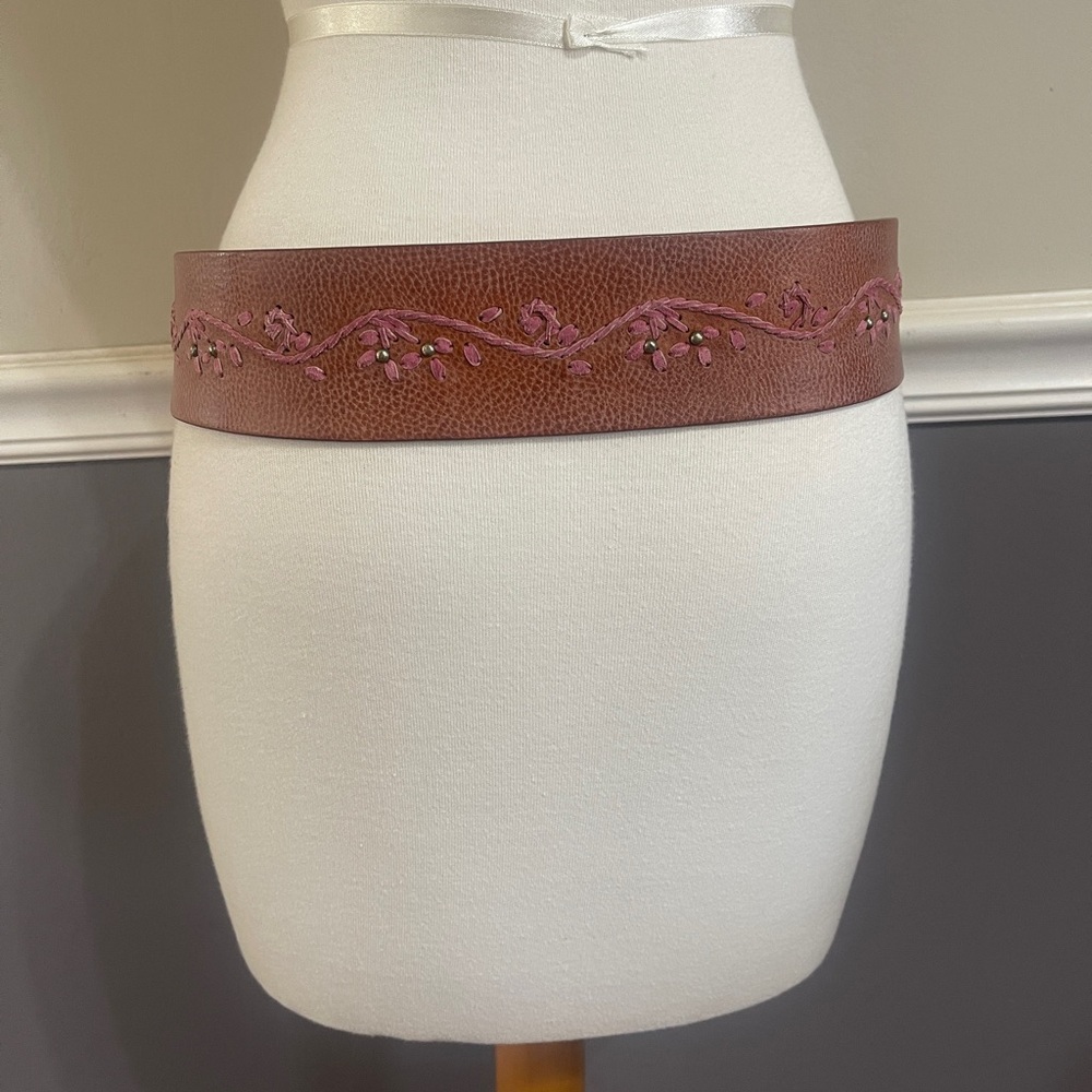 Boho Brown and Pink Embroidered Leather Tassel Tie Belt - Picture 2 of 3